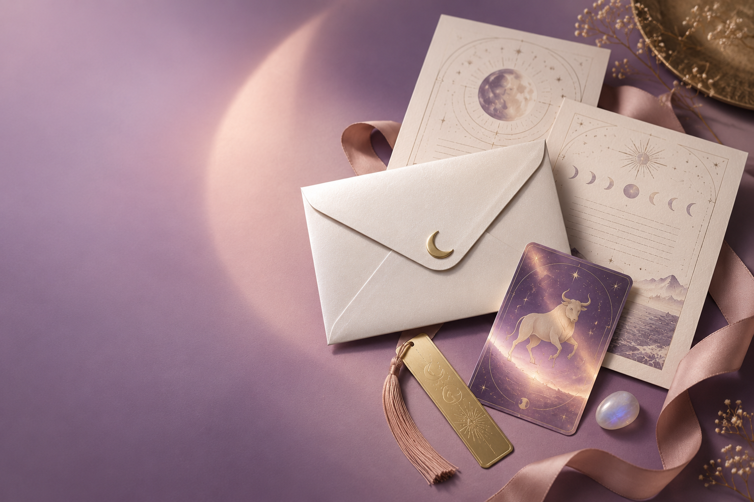 Cream horoscope letters and a star-sealed envelope with a glossy purple zodiac card, gold bookmark, and satin ribbon